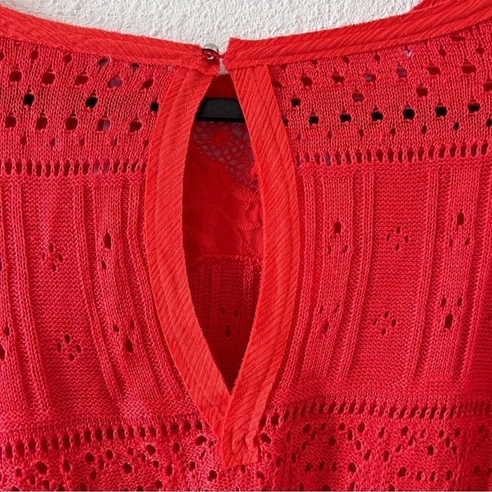 Free People Knit Crochet Eyelet Flare Sleeve Linen Blend Top Women Medium Orange